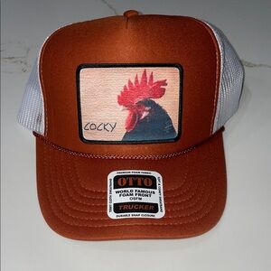 Cocky Rooster Trucker Hat in Rust and White